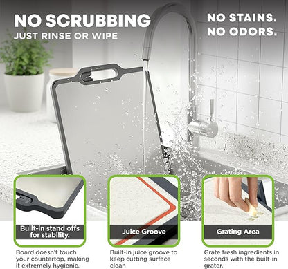 Double-Sided Cutting Board with Stand, Knife Sharpener & Grater | Non-Toxic Titanium + Wheatstraw PP Chopping Board | Healthy Choice Kitchen Accessory for Meat, Vegetables & Fruit