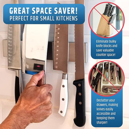 Strong Adhesive (No Drill) Magnetic Knife Holder for Wall - Professional 10 Inch Knife Strip - No Screws Needed - Adhesive Backing - Stainless Steel Bar (Upgraded Version – Will Not Fall)