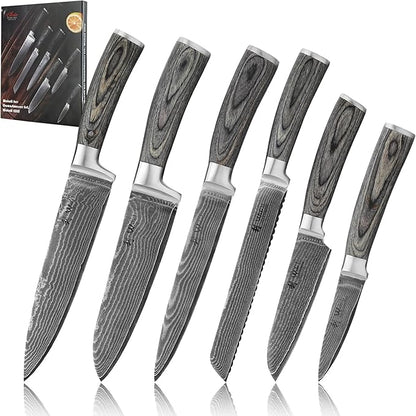 Wakoli EDIS 6-Piece Damascus Chef Knives | Japanese Style Professional Kitchen Knife Set with VG10 Core & Ergonomic Pakkawood Handles in Gift Box