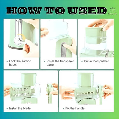 5-in-1 Manual Rotary Cheese Grater with Handle – Stainless Steel Blades for Slicing, Shredding, Grinding & Wavy Cuts – Strong Suction Base, Blade Storage Box – Green