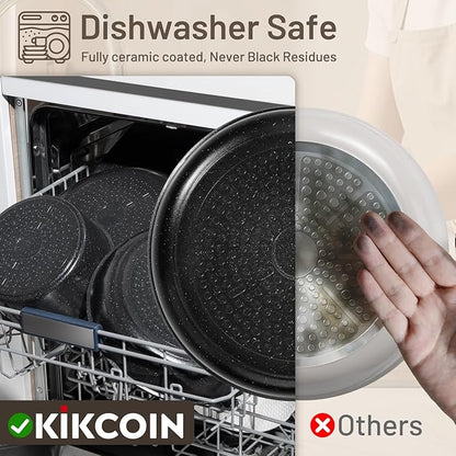 KIKCOIN Ceramic Nonstick Pots and Pans Set - Cookware Set with Detachable Handle - 25 Pack Stackable Cooking Set for RV Kitchen, with Frying Pans, Steamer - Induction/Dishwasher/Oven Safe, PFOA Free