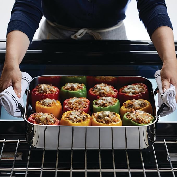 KitchenAid 5-Ply Clad Stainless Steel Roasting Pan/Roaster with Removable Rack, 15 Inch x 11.5 Inch - Polished Stainless Steel