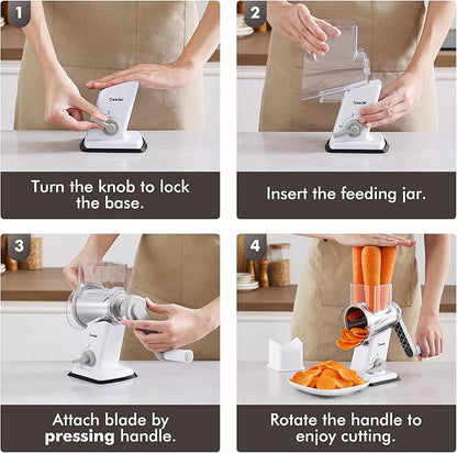 Geedel Rotary Cheese Grater - Upgraded Vegetable Shredder with 4 Interchangeable Blades, Easy to Clean Cheese Shredder with Handle, Kitchen Grater Nuts Grinder for Cutting Cheese, Vegetable, Nuts