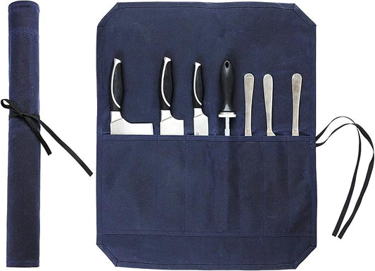 Knife Bag, Heavy Duty 16oz Waxed Canvas 7-Slots Knife Roll Storage Bag, Blue