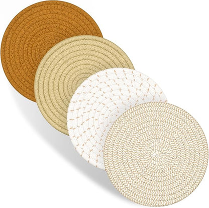 Trivets for Hot Dishes, 4 Pot Holders for Kitchen, Heat Resistant Mats for Countertop, 8 Inch Hot Pads for Hot Pots and Pans, Coaster, Home Essentials, Rustic Farmhouse Decor (Brown)