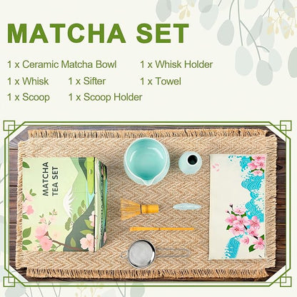 7-Piece Matcha Set–Traditional Japanese Tea Kit with Matcha Bowl, Bamboo Whisk, Ceramic Holder, Scoop, and Sifter–Perfect for Tea Ceremonies&Gifts for Matcha Lovers (Mountain Relief-Celadon)
