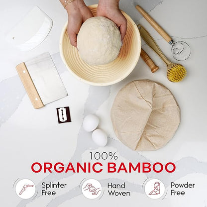 Swice Bread Proofing Basket, Round 9-Inch Banneton Sourdough Starter Kit with Lame, Dough Scraper, Linen Liner, and Basting Brush, Complete Bread Making Supplies and Tools