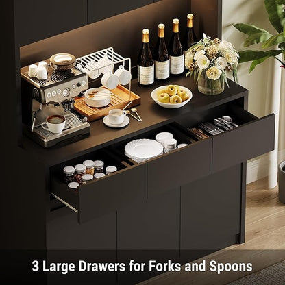 Garvee Kitchen Pantry Storage Cabinet, Tall Storage Cabinet with Doors and Shelves, Kitchen Storage Hutch with Microwave Stand, Led Lights and Charging Station, Corner Pantry Cabinet, Black