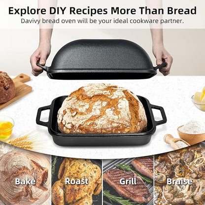 Davivy 9QT Pre-Seasoned Dutch Oven for Sourdough Bread, Non-stick Cast Iron Sourdough Bread Loaf Baking Pan, Large Capacity Cast Iron Loaf Pan, with Silicone Oven Mitts