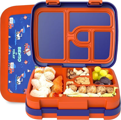YOLAY Bento Box for Kids Lunch Box Leak-Proof, 5-Compartment Lunch Box Kids for Ages 3-10, Durable with Anti-Slip Base, Suitable for Schools, Outdoor and Travel (Trucks)