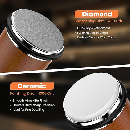 ATIKI Rolling Knife Sharpener with Finger Guard, Diamond & Ceramic Discs, 15°/20° Magnetic Angles & Leather Strop, Professional Knife Sharpening Kit for Dull Knives