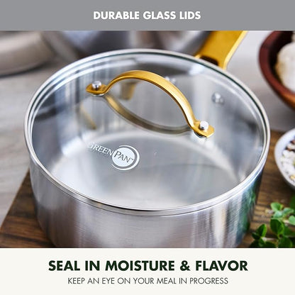 GreenPan Stainless Steel Tri-Ply Reserve 10 Piece Cookware Pots and Pans Set, Multiclad, PFAS-Free, Induction, Oven & Broiler Safe to 600°F, Heat Responsive Core, Dishwasher Safe, Glass Lids