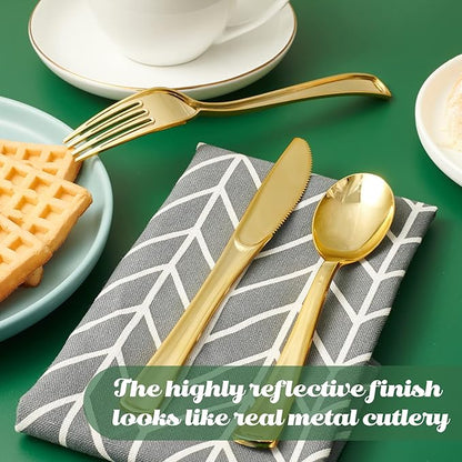 FOCUSLINE 300 Pack 6.8" Disposable Gold Plastic Spoons, Solid and Durable Plastic Cutlery Spoons, Heavy Duty Disposable Utensil Silverware for Catering, Parties, Dinners, Weddings