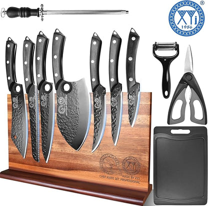 XYJ Kitchen Knife Set with Magnetic Knife Block,Cutting Board,Scissors,Honing Steel,Professional Knife Block Set,High Carbon Steel Blade,Meat Cleaver,Full Tang,Wood Handle