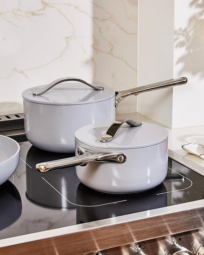 Caraway Nonstick Ceramic Sauce Pan with Lid (3 qt) - Non Toxic, PTFE & PFOA Free - Oven Safe & Compatible with All Stovetops (Gas, Electric & Induction) - Gray