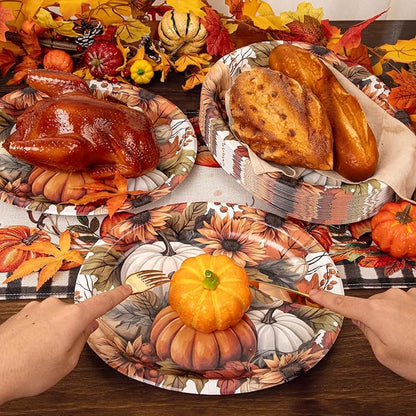 WDF 50Pack Thanksgiving Paper Plates - 10" x 12" Heavy Duty Pumpkin Paper Plates Disposable for Thanksgiving/Fall Party