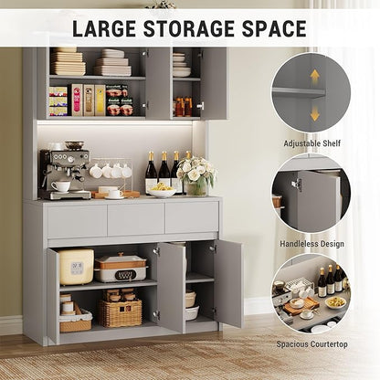 Garvee Kitchen Pantry Cabinet,71 in Tall Storage Cabinet with Doors&Shelves Adjustable, Kitchen Storage Hutch with Microwave Shelf, Led Lights&Charging Station,Corner Pantry Cabinet