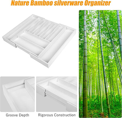 Bellsal Large Premium Bamboo Silverware Organizer - Expandable Utensil Drawer Organizer - 17"x19.6" Utensil Holder and Cutlery Tray with Grooved for Kitchen Flatware and Utensils(7-9 Slot, White)