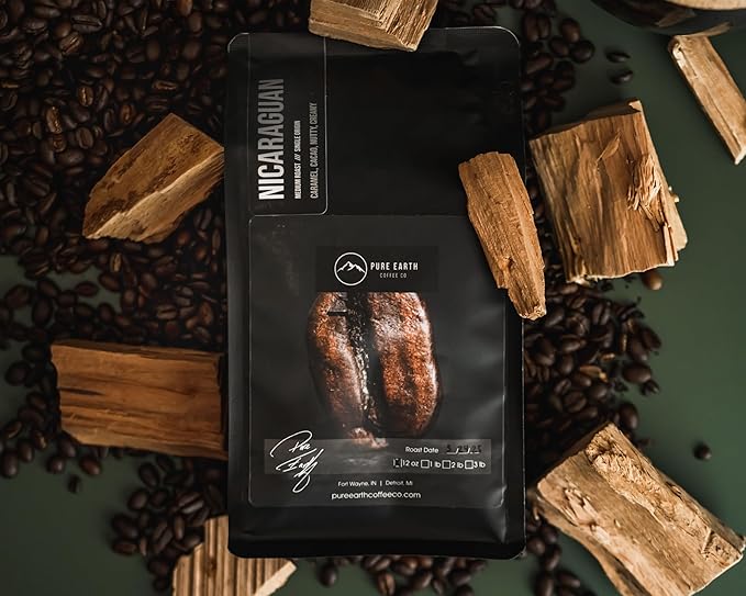 PURE EARTH COFFEE CO. Whole Bean Coffee, Nicaragua Single-Origin Beans, Medium Roast, Low Acid Gourmet Specialty Grade Coffee, Caramel, Chocolate, Nutty Flavor Notes 12oz