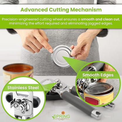 Spring Chef Stainless Steel Can Opener - Manual with Soft Grip Handles, Easy Turn, Heavy Duty Hand Can Openers for Seniors with Smooth Edge - Magnetic Lid Remover - Gray