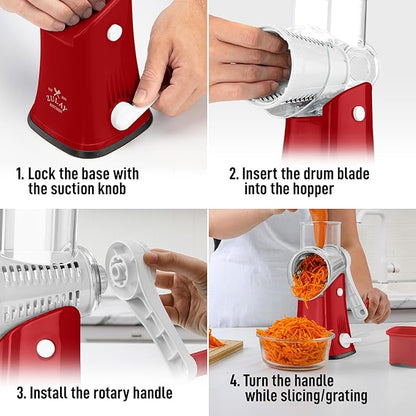 Zulay Kitchen Rotary Cheese Grater 5 Blade Cheese Shredder - Manual Hand Crank Cheese Grater With Reinforced Suction & 5 Interchangeable Drums - Easy to Use, Vegetable Chopper Round Mandoline Slicer