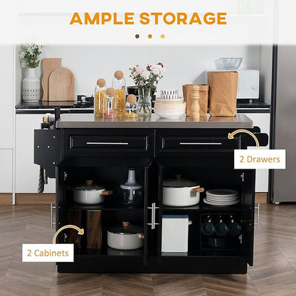 HOMCOM Rolling Kitchen Island Cart with Wheels, Portable Island Table for Kitchen with Stainless Steel Top, Adjustable Shelves, 2 Drawers, Spice, Knife and Towel Rack, Black