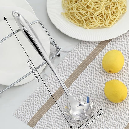 Pleafind Spaghetti Spoon, One-Piece Stainless Steel Pasta Spoon, 13-Inch Comfort Grip Design Pasta Scoop, Spaghetti Strainer with Teeth, Silver Pasta Server Utensil