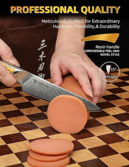 5 inch Utility Knife, Japanese VG-10 Damascus Steel Kitchen Knife, Ultra Sharp Fruit Knife with Full-tang Handle in Yellow Resin, LA-S9 Series