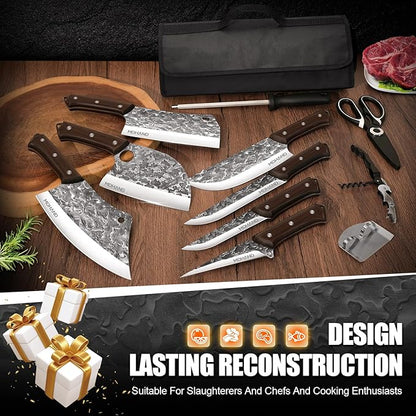 MDHAND 14PCS Professional Butcher Knife Set with Roll Bag, Heavy Duty Meat Cleaver, Boning Knife, Viking Knives, Hand Forged Chef Knife Set, Meat Cutting Knife for Kitchen, Gift for Men, BBQ, Camping