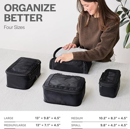 Aerotrunk Compression Packing Cubes for Travel - Luggage Organizer Bags - Double Zipper Packing Cubes for Suitcases (4-Pack, Black)