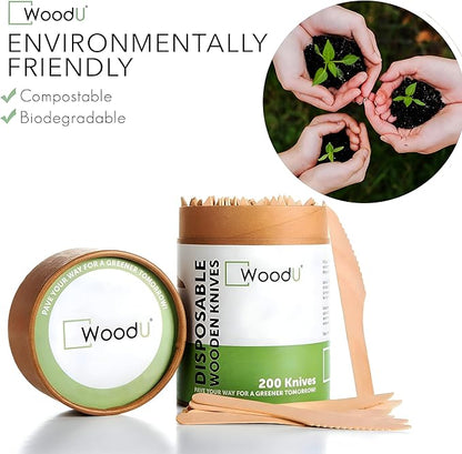 WoodU Disposable Wooden Knives 100% All-Natural, Eco-Friendly, Biodegradable, and Compostable - Pack of 200-6.5" Knife