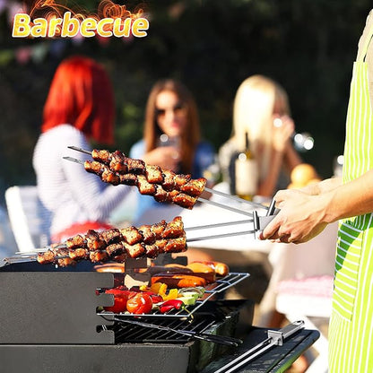 Lallisa Kabob Skewers - Metal BBQ Skewer Sticks with Push Bar for Meat, Chicken, Vegetable & Fruit (12 Pieces)
