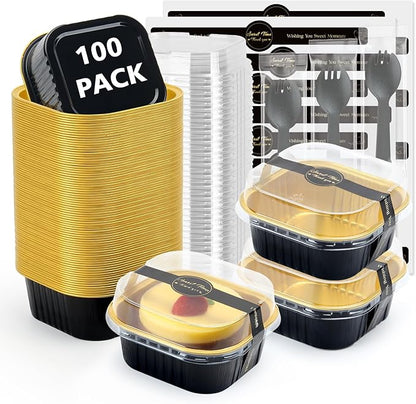 Ruckae 5oz 100 Pcs Square Mini Loaf Pans with Lids-Disposable Foil Dessert Containers,Mini Cake Pans with Lids,Aluminum Dessert Cups for Parties and Weddings (Black Gold, 5oz)
