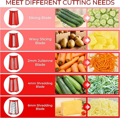 SUSTEAS Rotary Cheese Grater with Handle - Vegetable Shredder with 5 Well-designed Blades & Strong Suction Base,Round Mandoline Slicer & Food Chopper for Kitchen,with Blade Storage Box(Red)
