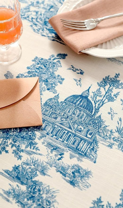 patdrea Designer Vintage Cyan Extra Long Tablecloth for Rectangle Table,Linen Ancient Castle and Manor Pattern Tablecloths,Decor for Kitchen Dining Christmas,Thanksgiving,67"x118"-Lucerne a