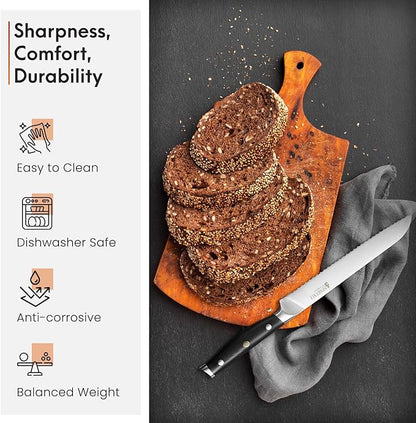 8-Inch Bread Knife – Serrated High Carbon German Stainless Steel Blade for Bread, Bagels & Pastries – Ergonomic Handle, Rust-Resistant, Ultra-Sharp Edge – Ideal for Home Bakers and Chefs.