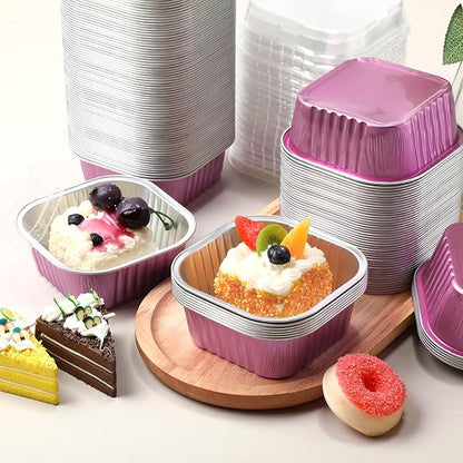 Aoriher 150 Pieces 10 oz Mini Cake Pans with Lids Aluminum Foil Baking Cups Square Disposable 4" x 4" Large Cupcake Cups Baking Tins for Kitchen Brownie Pudding Desserts Holders(Rose Red)