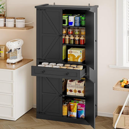 Pantry Organizers and Storage Cabinet, 70” Barn Door White Kitchen Cabinet with Drawers and Adjustable Shelf, Tall Pantry for Kitchen, Dining Room, Living Room Bedroom