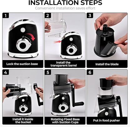 SUSTEAS Rotary Cheese Grater with Handle,Vegetable Slicer with 6 Interchangeable Blades, Reinforced Suction,Easy to Clean,Kitchen Shredder for Crushed Ice,Fruits and Nuts with Blade Storage Case,Black