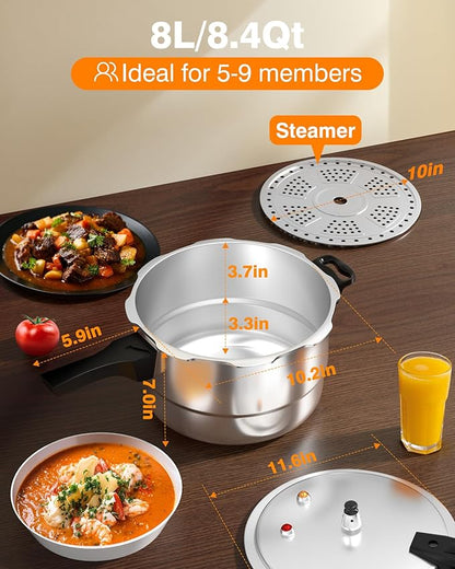 WantJoin 8Qt Aluminum Pressure Cooker w/Release Valve & Multiple Protective Devices,Pressure Canner Compatible with Gas & Induction Cooker,Canner Rack Included