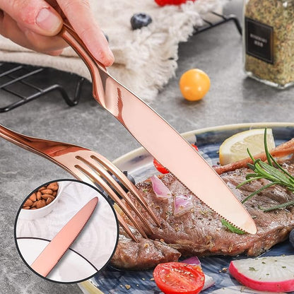 Lemeya 20-Piece Rose Gold Silverware Set for 4,Heavy Duty 18/10 Stainless Steel Cutlery Set with Forged Stand Knife,Modern Flatware Utensils Set,Forks Spoons and Knives Set,Dishwasher Safe