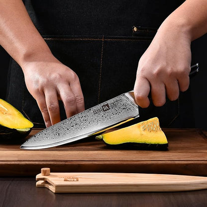 Klaus Meyer Luxor 8 Inch Chef Knife, Damascus Kitchen Knife, VG10 High Carbon Stainless Steel Japanese Chefs Knife with Wood Sheath