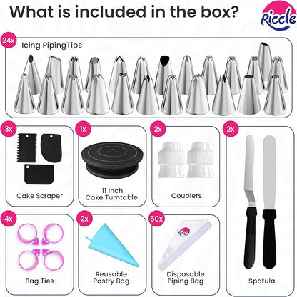 Riccle 88 pcs Cake Decorating Kit with Blue Cake Turntable - Includes 50 Disposable + 2 Reusable Piping Bags and Tips Set, 24 Icing Piping Tips, 2 Spatulas, 3 Icing Comb Scraper (Black)