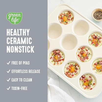 GreenLife 12-Cup Muffin Pan, Healthy Ceramic Nonstick Bakeware, PFOA & PFAS-Free Cupcake Sheet, Durable Baking Tray, Versatile Kitchen Essentials, Easy Clean Muffin Mold, Nonstick Baking Pan, Gray