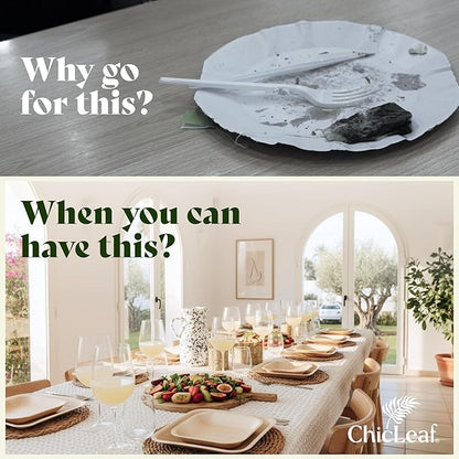 Chic Leaf Disposable Palm Leaf Plates - 50 Count, 8" Square, Natural - Bamboo Plates Disposable, Biodegradable & Compostable - Microwave Safe & Heavy Duty - Event & Party Supplies - Wedding Decor
