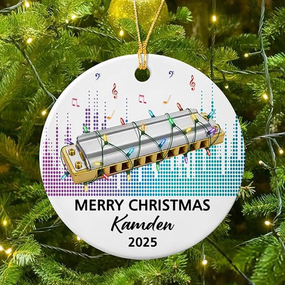 Customized Text Year Name Harmonica Instrument Player Ceramic Ornament, Personalized Harmonica Christmas Ornaments Gift for Harmonicist Women Men Friends Brother Sister, Harmonicas Musical Ornament