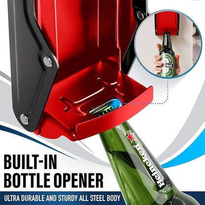 Can Crushers for Recycling - 16 oz Heavy Duty Aluminum Can Crusher Wall Mounted - Soda and Beer Can Smasher for Recycling with Bottle Opener - For 12 and 16 oz Cans - Easy to Install, Red - RamPro