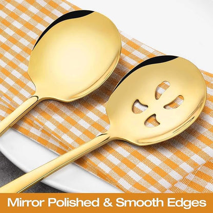 Extra Large Serving Spoons Set 11.7-Inch Gold Serving Slotted Spoon x 2 Serving Spoon x 2, 18/8 Stainless Steel Big Serving Utensil for Buffet, Parties, Catering - Dishwasher Safe(4-Pack, Gold)