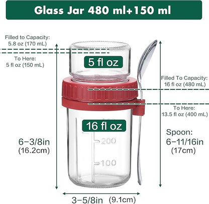 Danmu 2 Pack Overnight Oats Containers with Lids 16 oz,Dual-Layer Yogurt Parfait Cups with Lids,Meal Prep Containers Glass for Snack,Overnight Oats,Yogurt,Parfait,Salad Dishwasher Safe