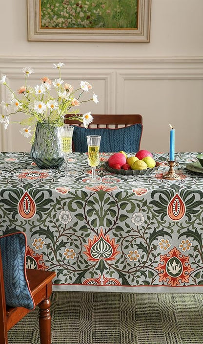 ISAENNE Designer Bohemian Linen Green Extra Long Rectangle Tablecloth,Floral Indoor Table Cloth,Stain Resistant Decor Tablecloths for Dining Thanksgiving Kitchen Party Christmas,67"*118"-Naples